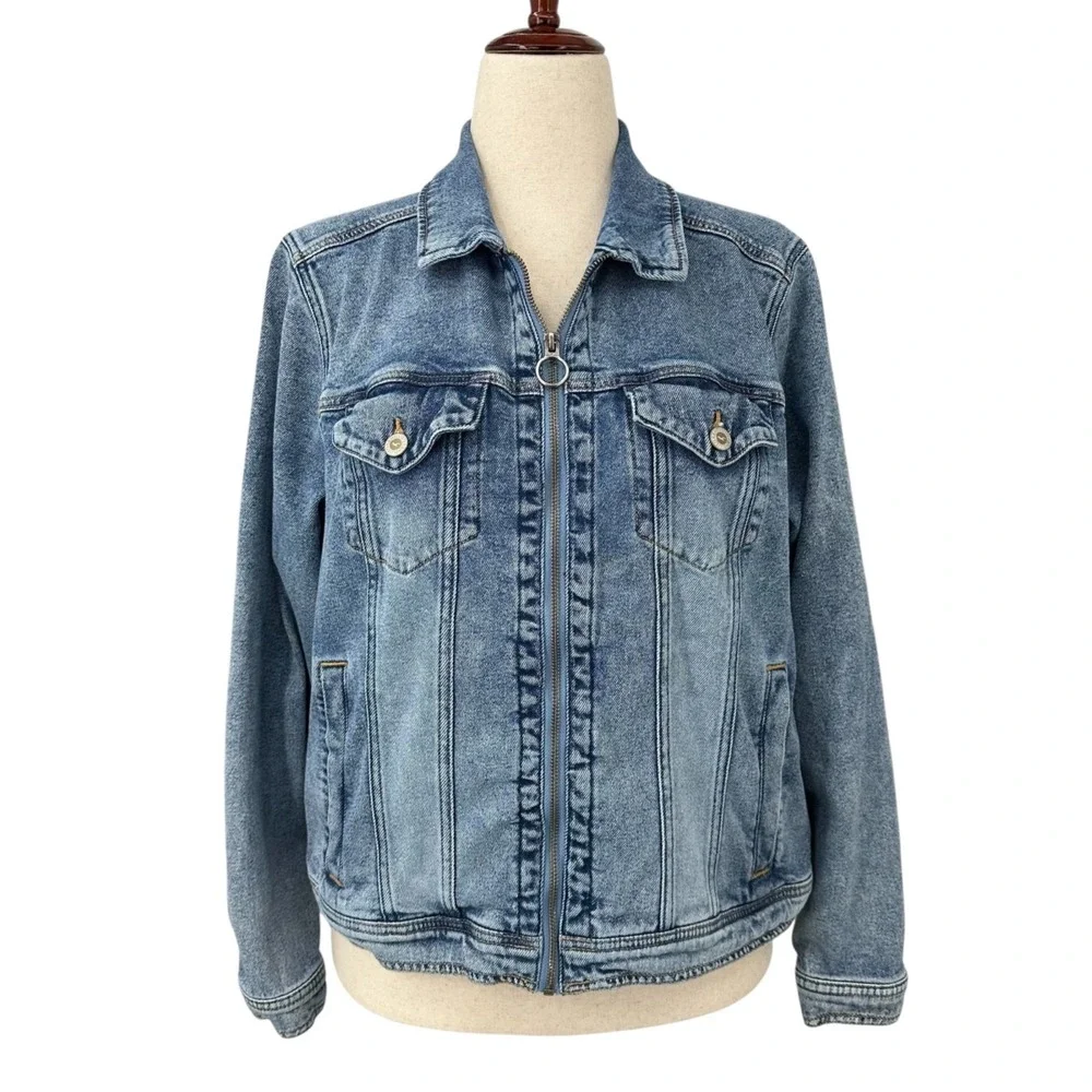 HOLLISTER Womens XL Full Zipper Front Acid Washed Blue Denim Stretch Jean Jacket - Picture 2 of 11